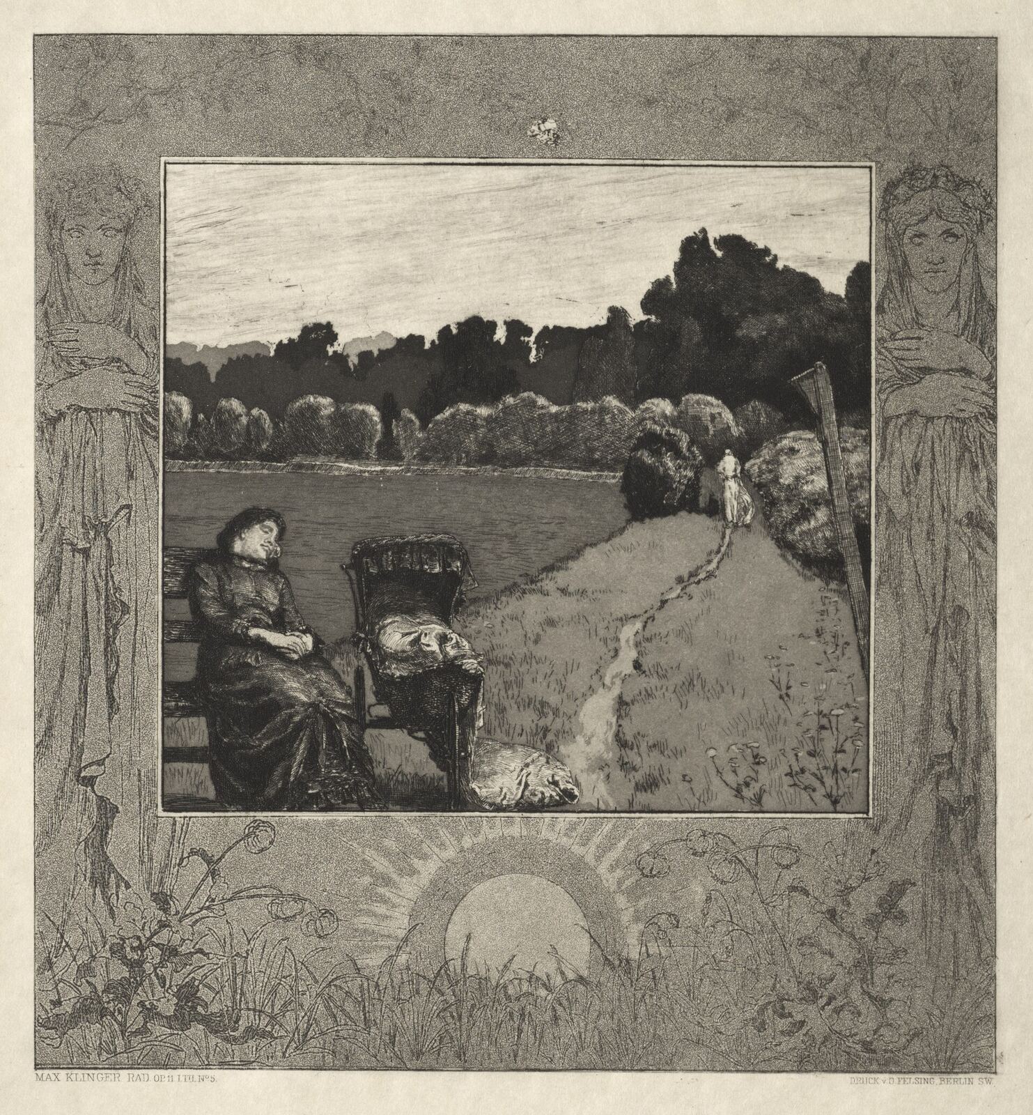 In this, the fifth in Klinger’s series On Death, Part One, death occurs in a seemingly peaceful landscape. In a large meadow bordered by woods, a nanny has fallen asleep upon a bench. Beside her is a baby carriage, beneath which lies fallen bedding. On a path in the distance, toward the darkness of the forest, Death leads the child away, dead as a result of its fall.